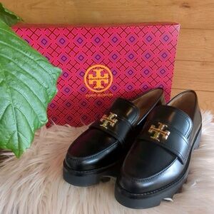 Tory Burch Black Loafers with Gold Emblem